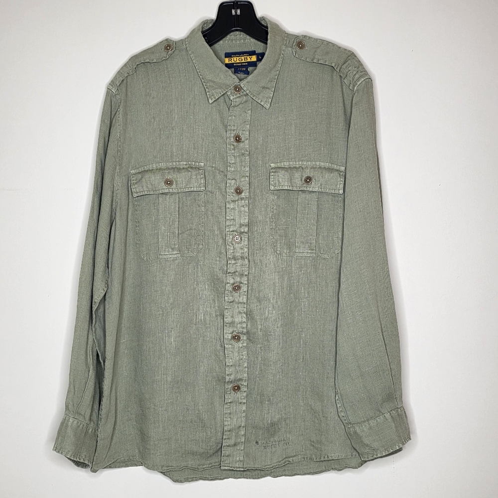Ralph Lauren Vintage Green Linen Button Down Blouse Large